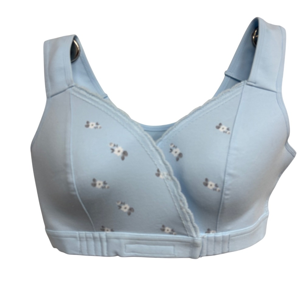 Fiona Bra Light Blue Floral Front Closure Wireless Cotton Comfort Bra Large NWT